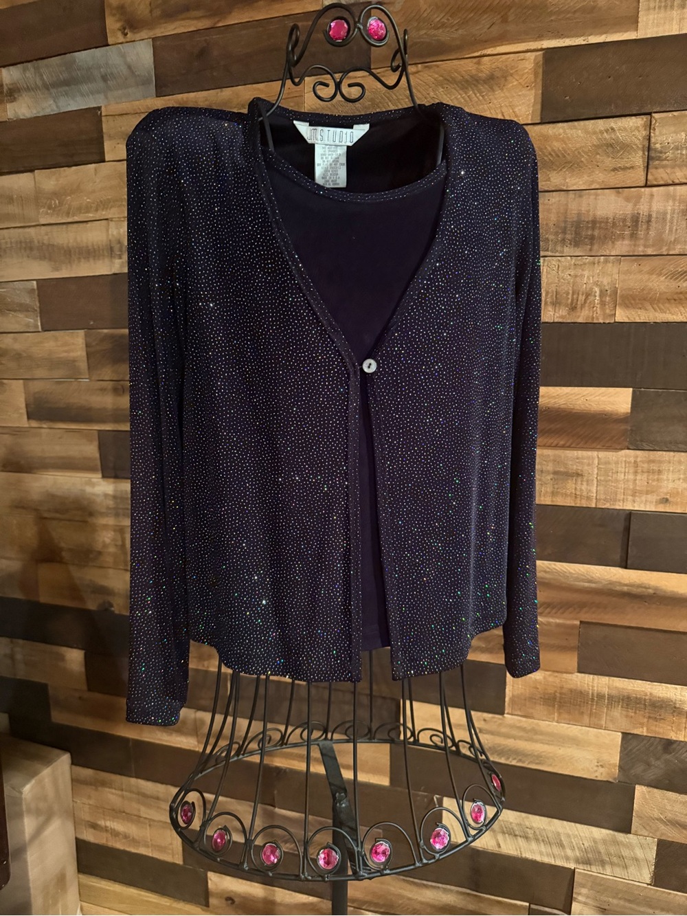 Vintage J Studio Glitter Twin Set Cardigan Tank Top M Shimmer Sparkle Y2K
